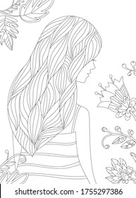 back view of a cute girl with wavy hair in stripe dress looking at fancy flowers for your coloring book