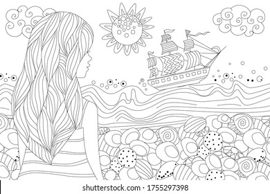 back view cute girl and wavy hair in stripe dress looking at seascape for your coloring book