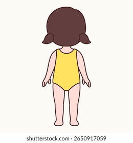 Back View of a Cute Little Girl with Pigtails in a Swimsui