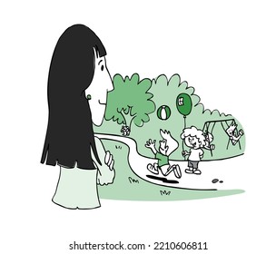 Vista posterior de un lindo y largo personaje de mujer sonriente de pelo oscuro cruzó los brazos mirando a los niños jugando en el parque con bolas, globos y columpios. Ilustración vectorial de estilo de dibujos animados.