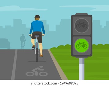 Back view of cyclist cycling on bike path. City road with dedicated bicycle lane and traffic signal. Close up view. Flat vector illustration template.