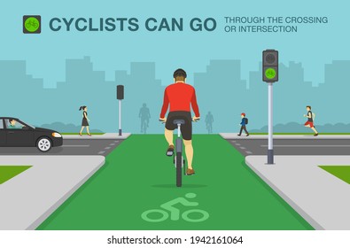 Back View Of Cyclist On A Bicycle Lane. City Road With Dedicated Bicycle Lane And Traffic Signal. Flat Vector Illustration Template.