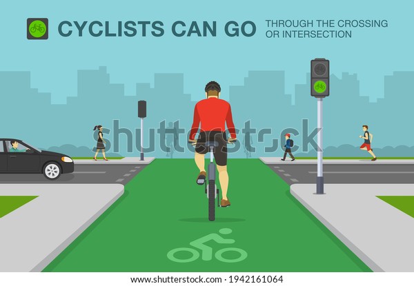 Back view of cyclist on a bicycle lane. City\
road with dedicated bicycle lane and traffic signal. Flat vector\
illustration template.