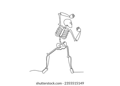 Back view of a dancing human skeleton. Human skeleton one-line drawing