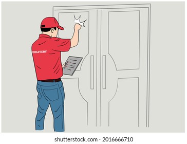 Back view of a delivery man with red shirt knocking on the client's door. Hand drawn style vector design illustrations.