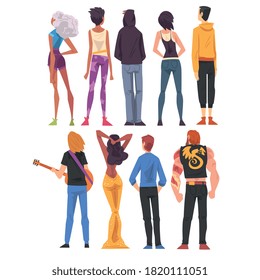 Back View of Different People Set, Guys and Girls Viewed from Behind Wearing Casual Clothes and Looking at Something Cartoon Style Vector Illustration