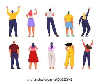 Back view of different people vector illustration set. Men and women standing, watching, waving hands, taking photo on phone, diversity actions, casual clothes concept