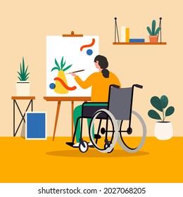 Back view Disabled woman sitting in wheelchair enjoy and painting canvas frame at home  cartoon character  flat vector illustration