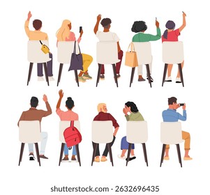 Back view of diverse people cartoon characters on chairs with raised hands, shooting on camera, whispering and discussing while participating at seminar isolated set vector illustration on white