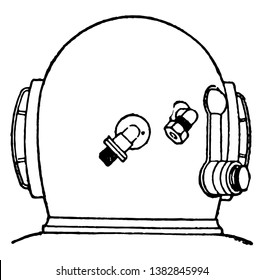 Back view of a diving helmet which provides the diver the breathing gas, vintage line drawing or engraving illustration.