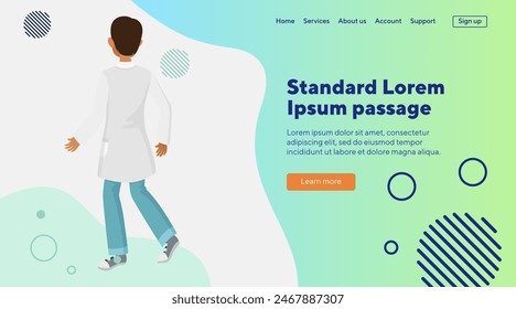 Back view of doctor character running to work. Vector illustration. Man in medical uniform and white coat. Hospital, medicine, healthcare concept for website design, banner, landing page