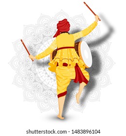 Back view of drummer playing with drum (Dholak) on white mandala floral background.