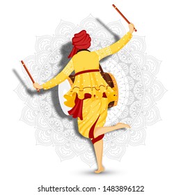 Back view of drummer playing with drum (Dholak) on white mandala floral background.