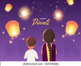 Back View of Elder Sister with Brother Character and Flying Lanterns on Purple Fireworks Background for Happy Diwali Celebration.
