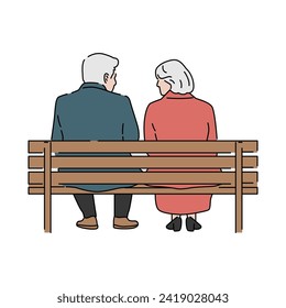 Back view of elderly couple sitting on wooden bench. Relationship and romantic concept. Hand drawn vector illustration