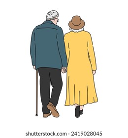 Back view of elderly couple walking together with cane and holding hands. Romantic relationship concept. Hand drawn vector illustration