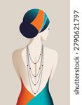 Back view of elegant Art Deco woman in evening dress with necklace, 1920s vintage fashion, vector illustration