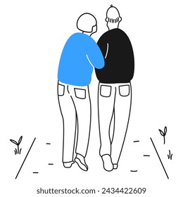 Back view of embraced senior couple walking outdoors