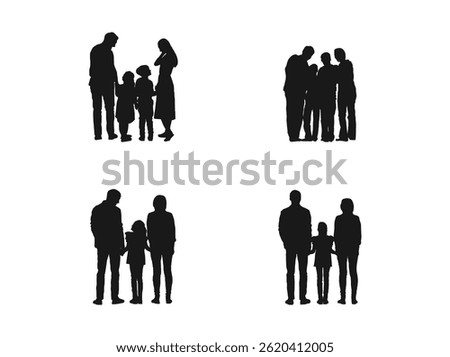 back view family standing silhouettes vector. young people with children in their arms. People stand holding shopping bag hands, view of the backs. vector illustration isolated on white background.