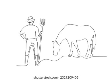 Vista posterior de un granjero con su vaca. Dibujo de una línea para granjeros y bovinos