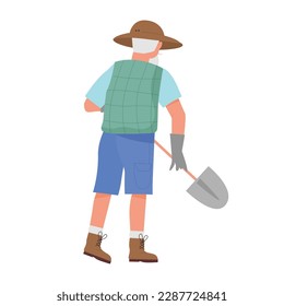 Back view of farmer with shovel. Farming activity, gardening instruments vector illustration