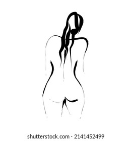 Back view of female body with minimalistic line sketch. Vector illustration