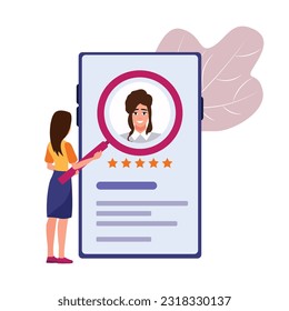 Back view of female character working in recruitment agency. Professional headhunting business representatives. HR department hiring candidates for job. Vector