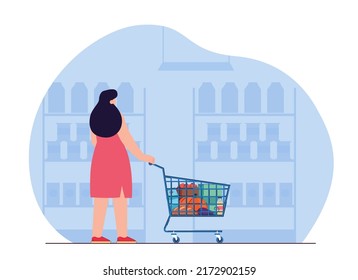 Back view of female customer with shopping cart in grocery shop. Woman choosing products from shelves in store flat vector illustration. Grocery shopping, food concept for banner or landing web page