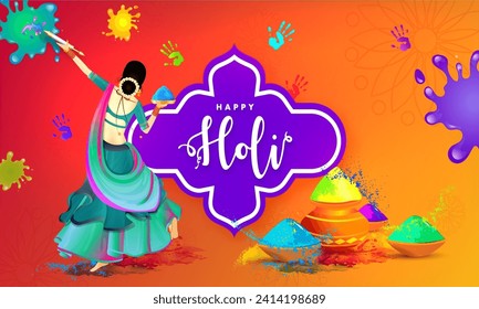 Vista posterior del baile femenino con Gulal y la pistola de agua, Feliz Holi, mensaje de fuente colorido sobre marco vintage contra el trasfondo de los colores para la celebración del Festival.