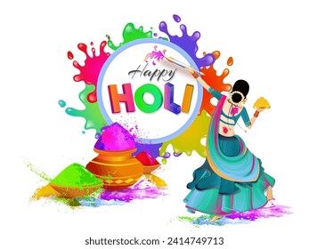 Back View of Female Dancing with Gulal and Water Gun, Happy Holi Colorful Font Message Over Round Frame against Splashing Colors Background for Festival Celebration Concept.