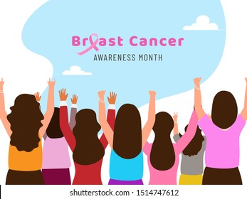 Vista posterior del grupo femenino que apoya el concepto del mes de concienciación sobre el cáncer de mama. Se puede usar como diseño de pancartas o carteles.