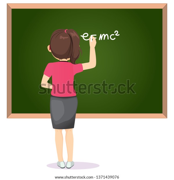 Back View Female Teacher In Classroom Writing Science Formula With White Chalk On Greenboard 5732