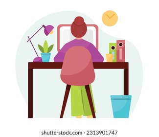 Back view of flat cartoon girl working on laptop at desk from home. Time management strategy for freelancers working in cozy environment. Idea of doing distant job. Vector