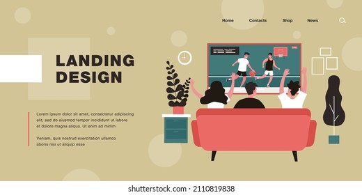 Back view of friends watching basketball on TV. Sofa, home, living room flat vector illustration. Entertainment and sport game concept for banner, website design or landing web page