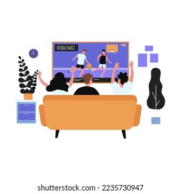 Back view of friends watching basketball on TV. Sofa, home, living room flat vector illustration. Entertainment and sport game concept for banner, website or landing web page