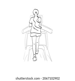 back view of full length female running on treadmill in gym illustration vector isolated on white background line art.