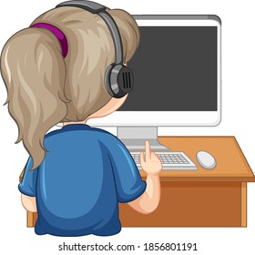 Vista posterior de una niña con ordenador en la mesa sobre ilustración de fondo blanco