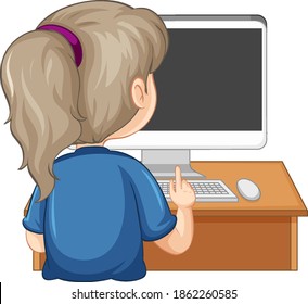 Vista posterior de una niña con ordenador en la mesa sobre ilustración de fondo blanco