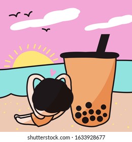 Back View Of Girl With Heart Hand Sign Putting Her Head On A Cup Of Bubble Millk Tea Boyfriends Shoulder And Watching The Sunset In The Sky Concept Card Character illustration