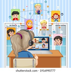 Back view of girl looking at computer for video conference with friends illustration