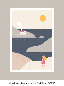 Back view of girl looking out over the dark sea. flat design style minimal vector illustration.