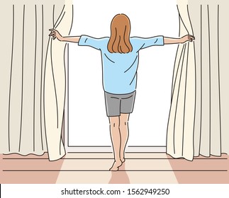 Back view of a girl opening a curtain on the big window.  hand drawn style vector design illustrations. 