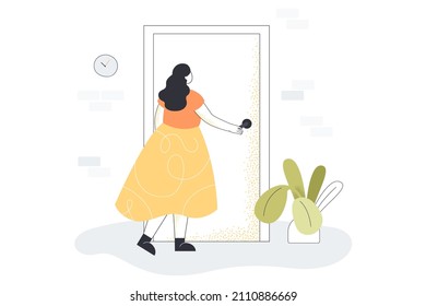 Back View Of Girl Opening Door And Leaving Apartment. Woman Entering House Or Going Outside Flat Vector Illustration. Challenge, Opportunity Concept For Banner, Website Design Or Landing Web Page