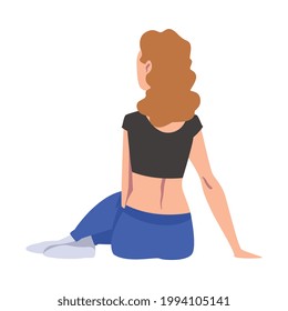 Back View of Girl Sitting on Floor Cartoon Vector Illustration