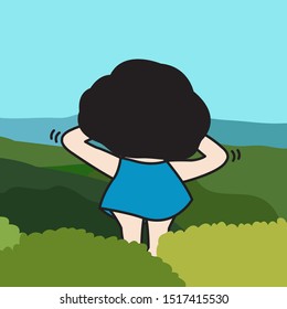 Back View Of Girl Standing On A Green Hill And Look Into The Distance Against The Blue Sky Concept Card Character illustration