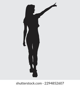 Back view of a girl walking with a pointing hand. going girl showing. backside view of person silhouette