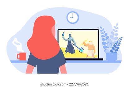 Vista posterior de una chica mirando caricatura sobre la mitología griega. Espectáculo de mujeres sobre Zeus fighhades en ilustración vectorial plana de laptop. Antigua Grecia, mitología, concepto de entretenimiento