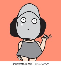 Back View Of Girl Wearing Caps With Sad Face On, Going Away And Waving Hands Saying Good Bye Concept Card Character illustration