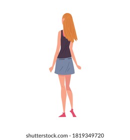 Back View of Girl, Young Woman Viewed from Behind Wearing Tank Top and Short Skirt and Looking at Something Cartoon Style Vector Illustration