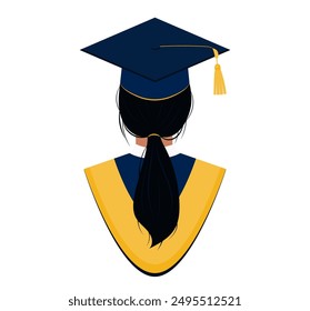 Rückansicht des Studentenporträts. Junge Frau mit Haar in einem Pferdeschwanz in Graduierung Kleid und Mütze gebunden. Design-Element für Avatar, Karte, Post, Banner, Flyer, Scrapbooking.